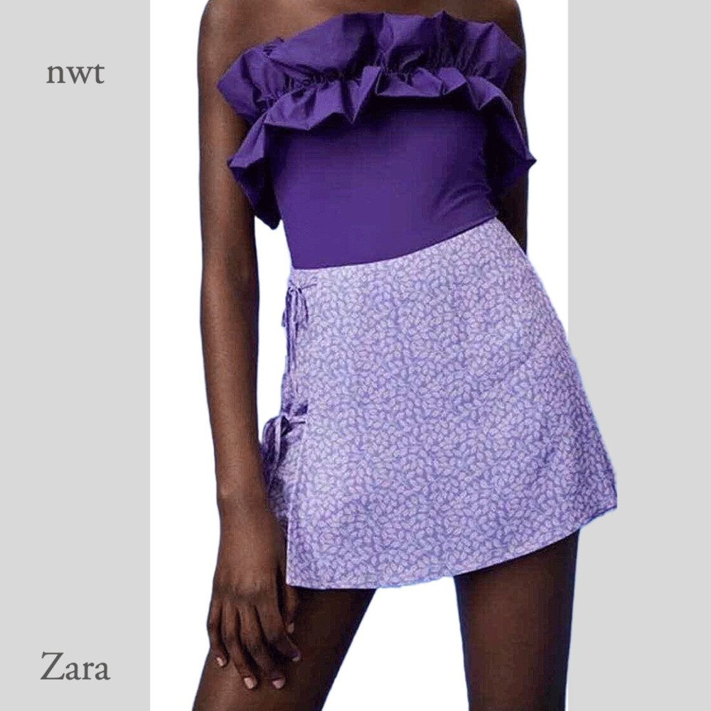 ZARA Floral SKORT | NEW Zara Side Tie Purple Floral Skorts Sz S
